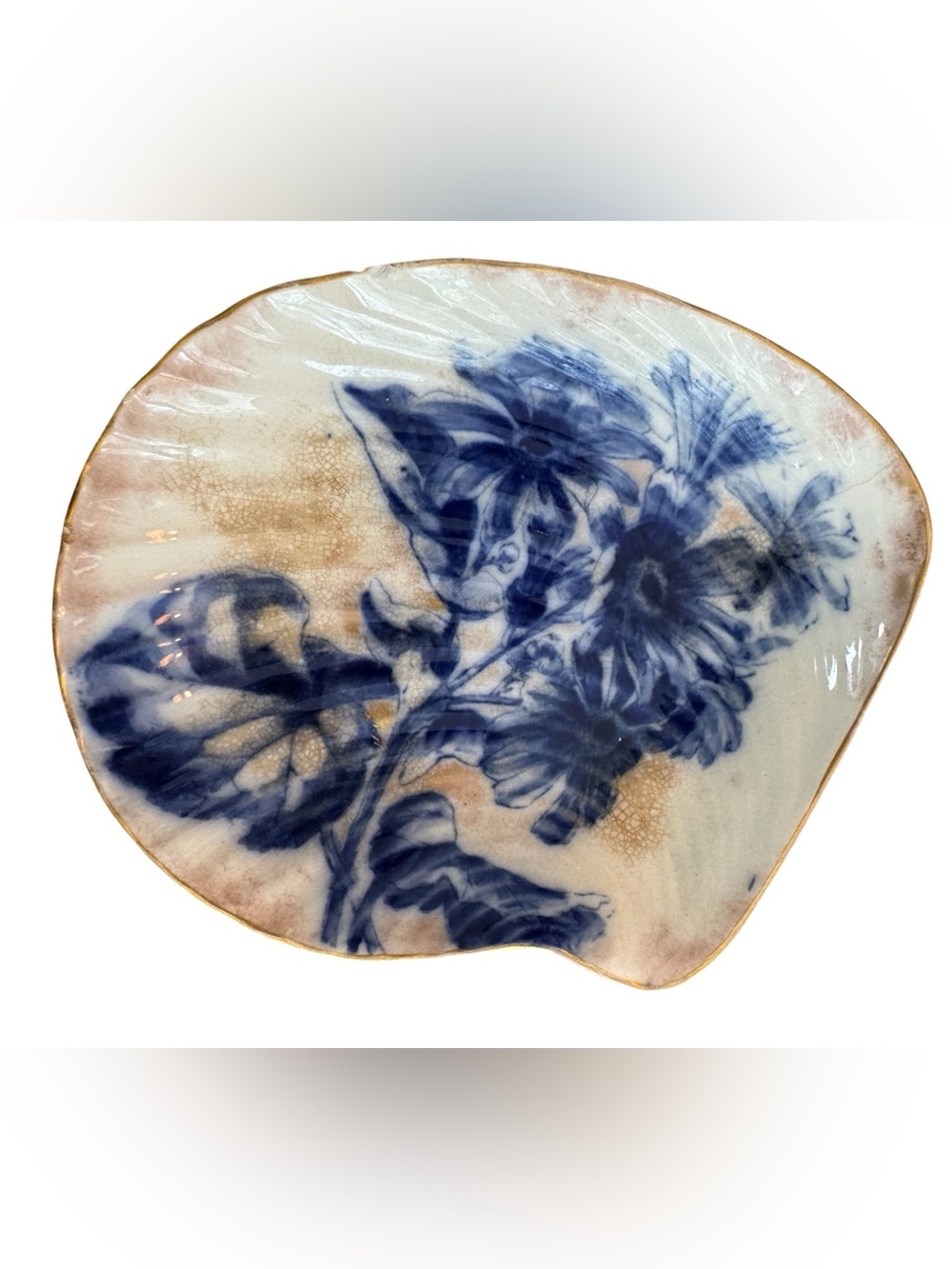 Antique Flow Blue Porcelain Plate/Bone Dish Floral Irregular Shape ~8”
